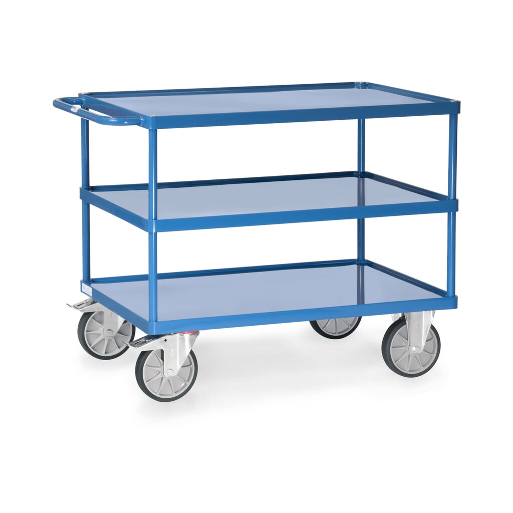 Obrázek produktu: Pojízdný stolek a montážní vozík fetra® se 3 vanami z ocelového plechu, ložná plocha 1000 x 600 mm