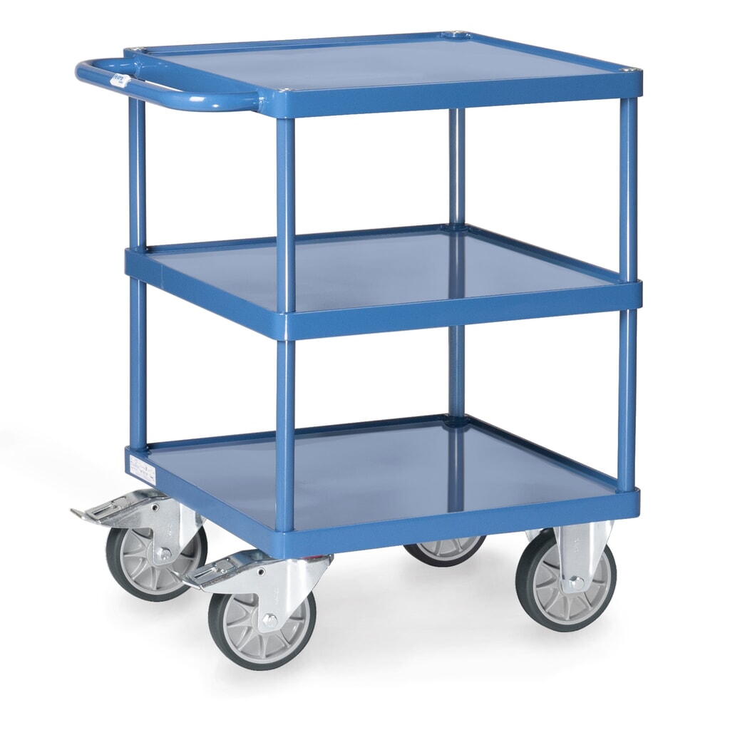 Obrázek produktu: Pojízdný stolek a montážní vozík fetra® se 3 vanami z ocelového plechu, ložná plocha 600 x 600 mm