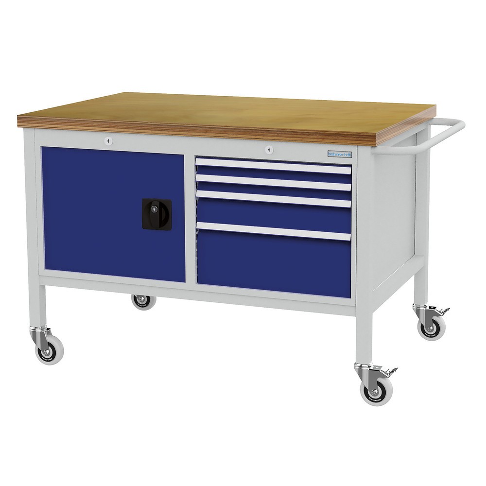 Číslo obrázku produktu 1: Pojízdný pracovní stůl Bedrunka+Hirth, skříň, 4 zásuvky v různých výškách, enziánová modrá
