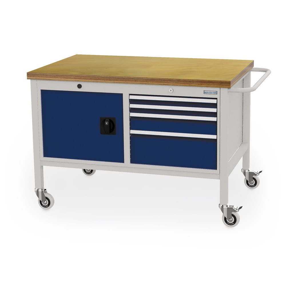 Číslo obrázku produktu 1: Pojízdný pracovní stůl Bedrunka+Hirth, skříň, 4 zásuvky v různých výškách, kobaltová modrá
