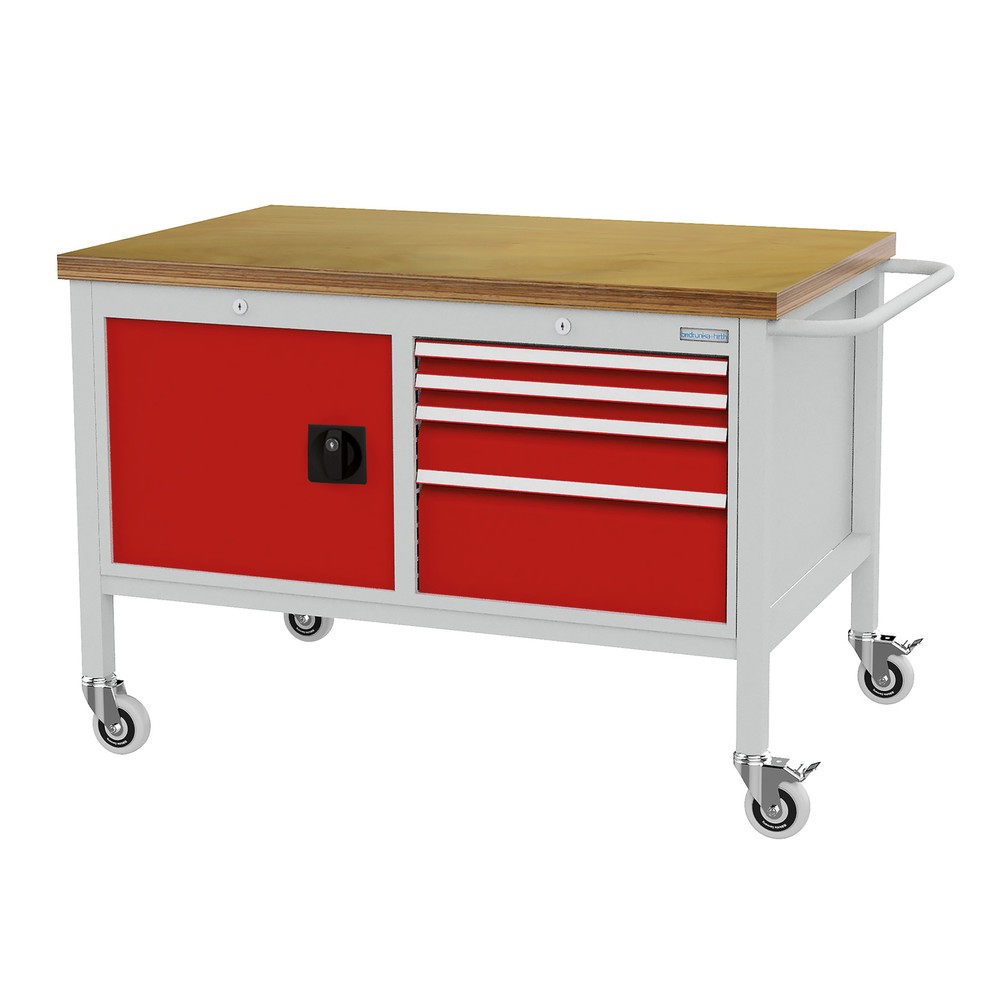 Obrázek produktu: Pojízdný pracovní stůl Bedrunka+Hirth, skříň, 4 zásuvky v různých výškách, dopravní červená