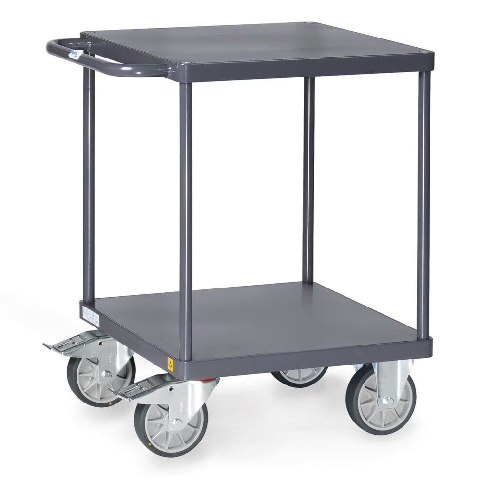 Pojízdný stolek a montážní vozík ESD fetra® s policemi z ocelového plechu à 600 x 600 mm Obrázek produktu: Pojízdný stolek a montážní vozík ESD fetra® s policemi z ocelového plechu à 600 x 600 mm