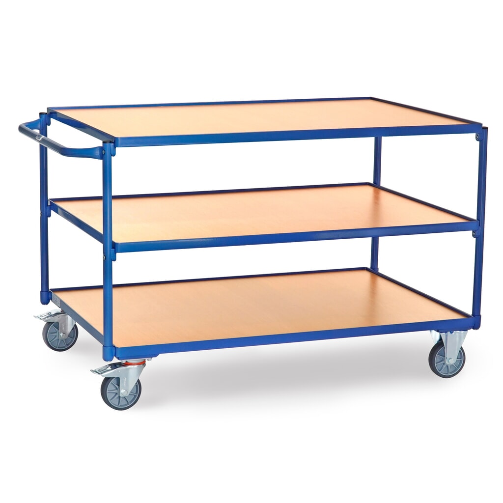 Pojízdný stolek fetra®, nosnost 300 kg, 3 patra à 1200 × 800 mm, vodorovné posuvné madlo Obrázek produktu: Pojízdný stolek fetra®, nosnost 300 kg, 3 patra à 1200 × 800 mm, vodorovné posuvné madlo