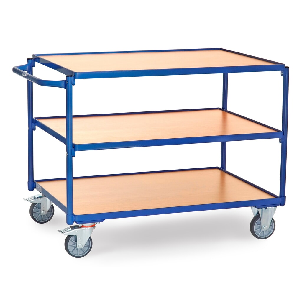 Obrázek produktu: Pojízdný stolek fetra®, nosnost 300 kg, 3 patra à 1000 × 700 mm, vodorovné posuvné madlo