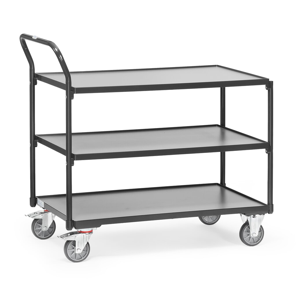 Obrázek produktu: Pojízdný stolek fetra®, nosnost 300 kg, 3 patra à 1 000 x 600 mm, vysoké posuvné madlo, antracitová šedá