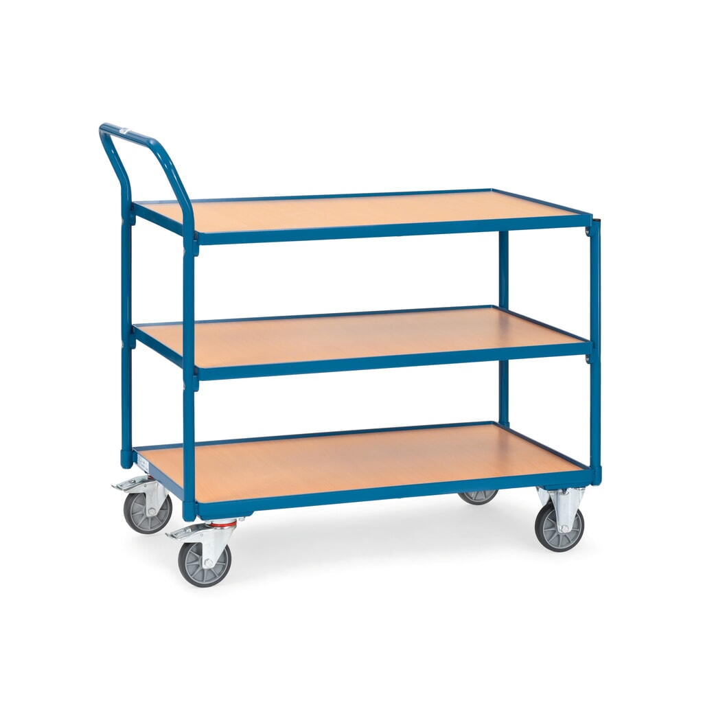 Obrázek produktu: Pojízdný stolek fetra®, nosnost 300 kg, 3 patra à 1000 × 600 mm, vysoké posuvné madlo