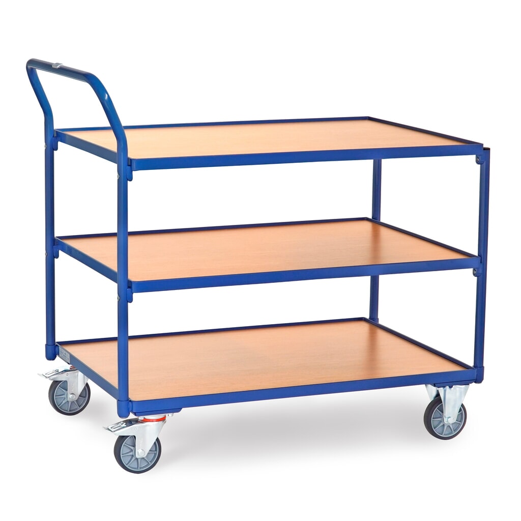 Obrázek produktu: Pojízdný stolek fetra®, nosnost 300 kg, 3 patra à 1000 × 700 mm, vysoké posuvné madlo
