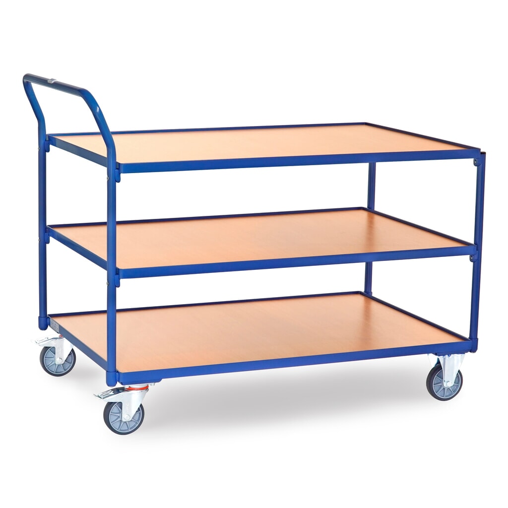 Obrázek produktu: Pojízdný stolek fetra®, nosnost 300 kg, 3 patra à 1200 × 800 mm, vysoké posuvné madlo