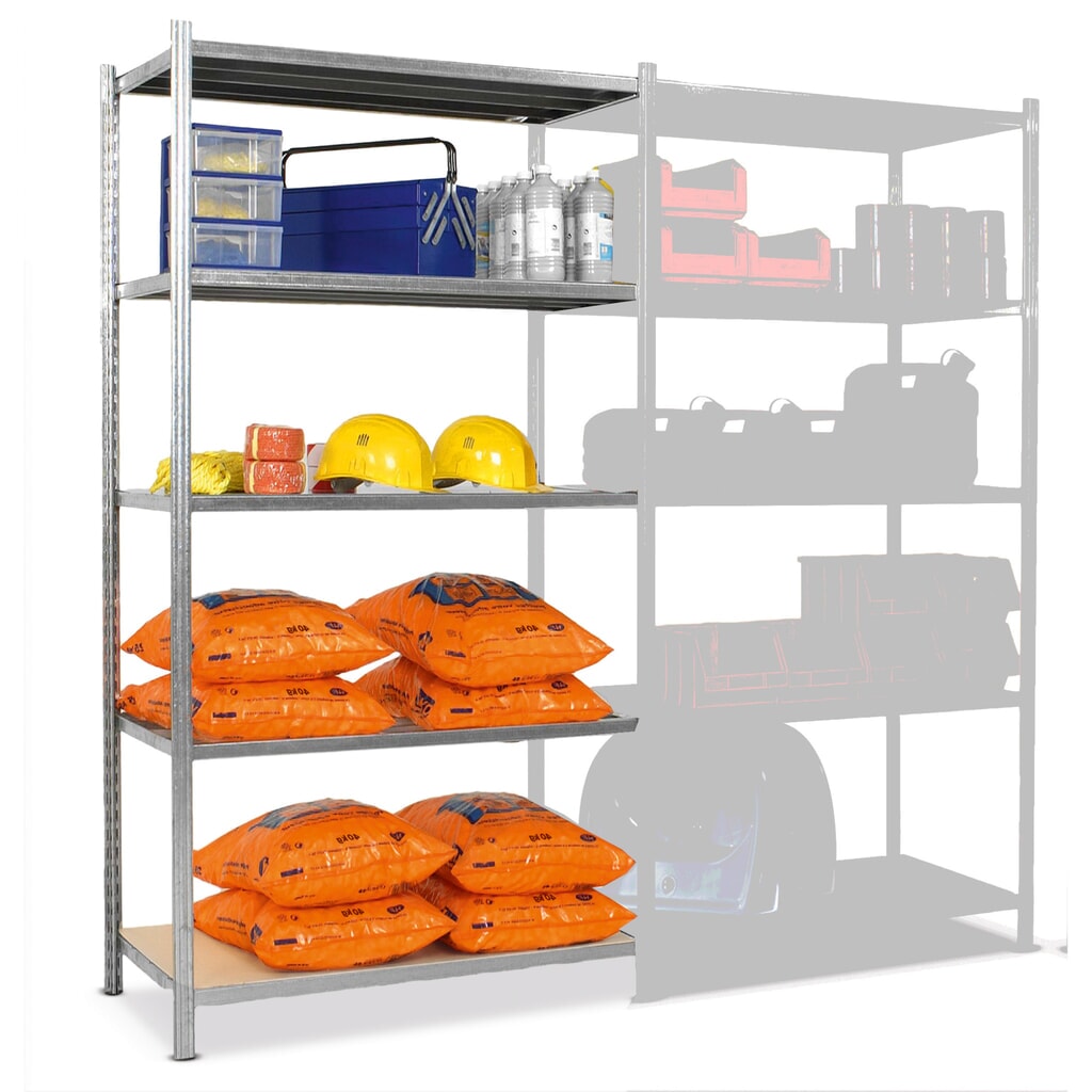 Policový regál, AF, s dřevotřískovými deskami, zatížení 235 kg, pozinkovaný, VxŠxH 2 000 x 1 000 x 600 mm Číslo obrázku produktu 1: Policový regál, AF, s dřevotřískovými deskami, zatížení 235 kg, pozinkovaný, VxŠxH 2 000 x 1 000 x 600 mm