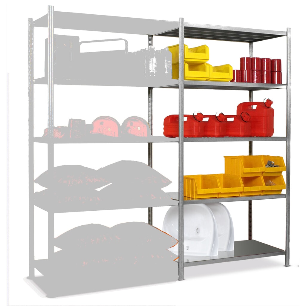 Policový regál, AF, s deskami z ocelového plechu, zatížení 221 kg, pozinkovaný, VxŠxH 2 000 x 1 000 x 388 mm Číslo obrázku produktu 1: Policový regál, AF, s deskami z ocelového plechu, zatížení 221 kg, pozinkovaný, VxŠxH 2 000 x 1 000 x 388 mm