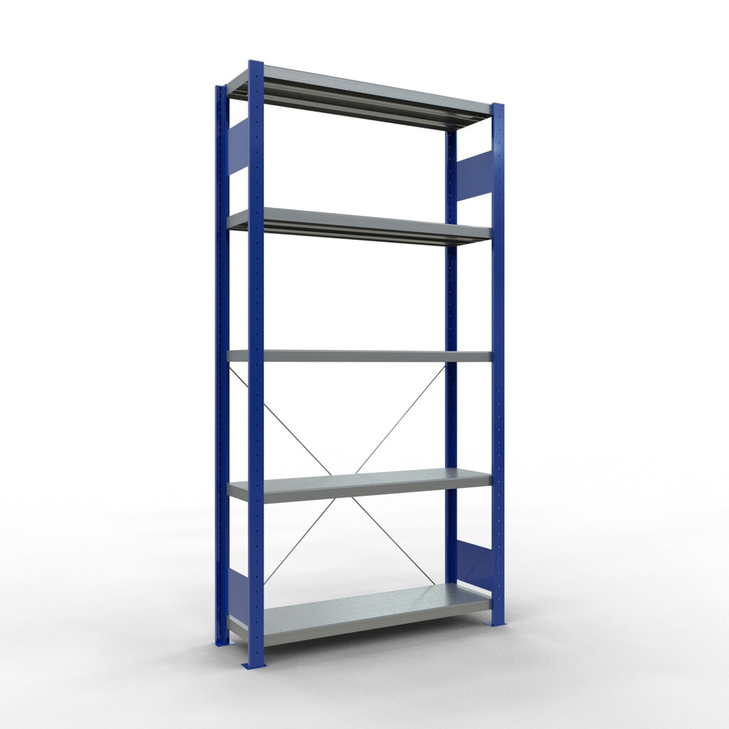Obrázek produktu: Policový regál SCHULTE, hořcová modř / pozink, 5 polic z ocelového plechu, nosnost police 330 kg, VxŠxH 2000 x 1 060 x 336 mm
