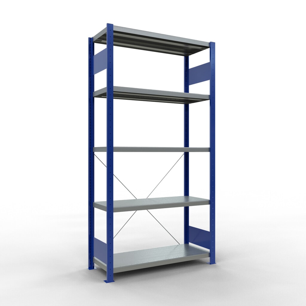 Obrázek produktu: Policový regál SCHULTE, hořcová modř / pozink, 5 polic z ocelového plechu, nosnost police 330 kg, VxŠxH 2000 x 1 060 x 436 mm