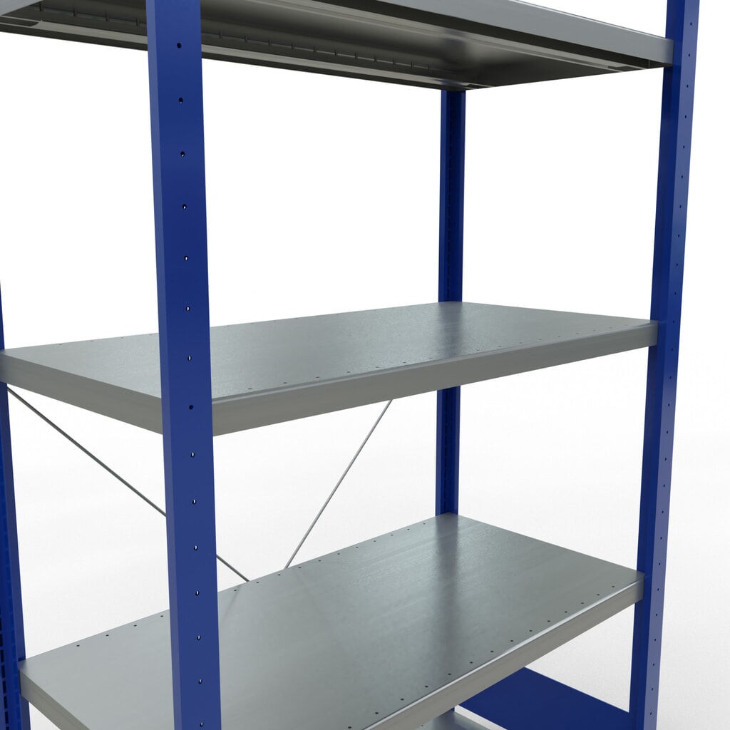 Policový regál SCHULTE, hořcová modř / pozink, 5 polic z ocelového plechu, nosnost police 330 kg, VxŠxH 2000 x 1 060 x 536 mm Číslo obrázku produktu 5: Policový regál SCHULTE, hořcová modř / pozink, 5 polic z ocelového plechu, nosnost police 330 kg, VxŠxH 2000 x 1 060 x 536 mm