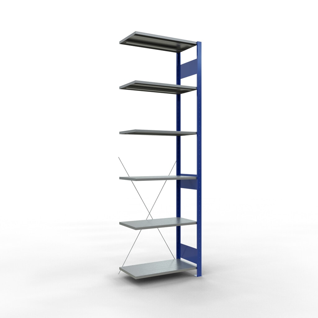 Policový regál SCHULTE, přídavné pole, hořcová modř/pozinkovaný, nosnost police 150 kg, VxŠxH 2500 x 750 x 400 mm Obrázek produktu: Policový regál SCHULTE, přídavné pole, hořcová modř/pozinkovaný, nosnost police 150 kg, VxŠxH 2500 x 750 x 400 mm