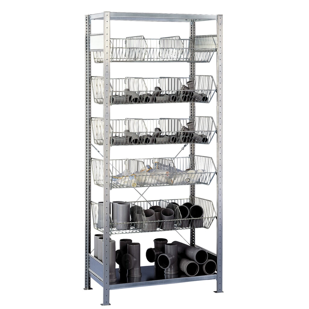 Policový regál SCHULTE s koši s velkými otvory, základní pole, VxŠxH 2300 x 1000 x 500 mm, nosnost police 150 kg Obrázek produktu: Policový regál SCHULTE s koši s velkými otvory, základní pole, VxŠxH 2300 x 1000 x 500 mm, nosnost police 150 kg