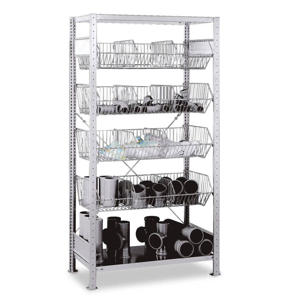 Policový regál SCHULTE s koši s velkými otvory, základní pole, VxŠxH 2000 x 1000 x 500 mm, nosnost police 150 kg Obrázek produktu: Policový regál SCHULTE s koši s velkými otvory, základní pole, VxŠxH 2000 x 1000 x 500 mm, nosnost police 150 kg