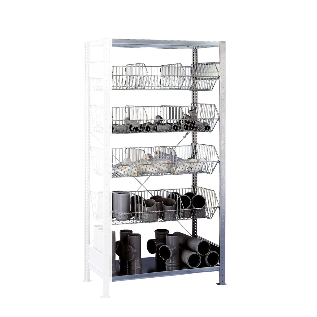 Policový regál SCHULTE s koši s velkými otvory, přídavné pole, vך×h 2000 × 1000 × 500 mm, nosnost police 150 kg Obrázek produktu: Policový regál SCHULTE s koši s velkými otvory, přídavné pole, vך×h 2000 × 1000 × 500 mm, nosnost police 150 kg