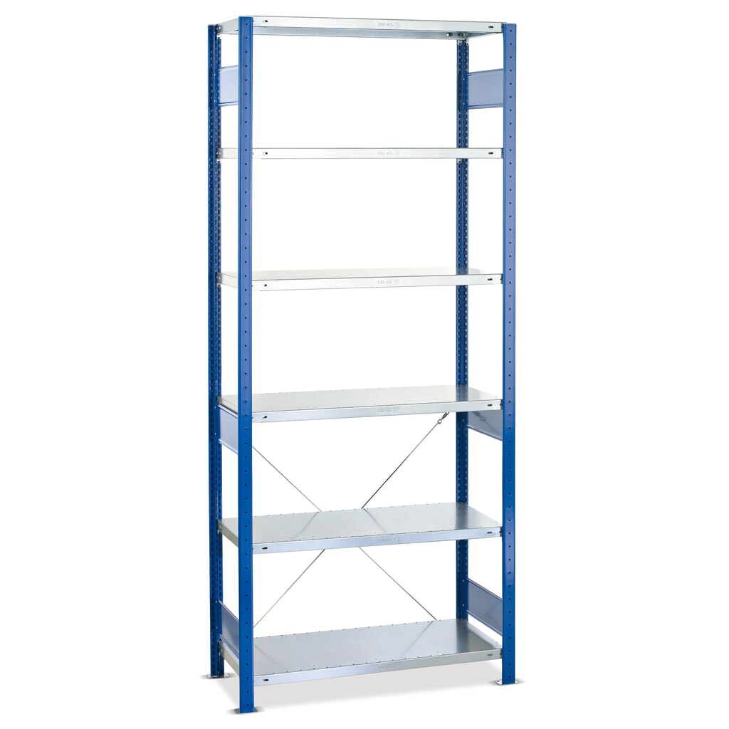 Policový regál SCHULTE, základní pole, hořcová modř/pozink, nosnost police 150 kg, VxŠxH 2000 x 750 x 500 mm Číslo obrázku produktu 1: Policový regál SCHULTE, základní pole, hořcová modř/pozink, nosnost police 150 kg, VxŠxH 2000 x 750 x 500 mm
