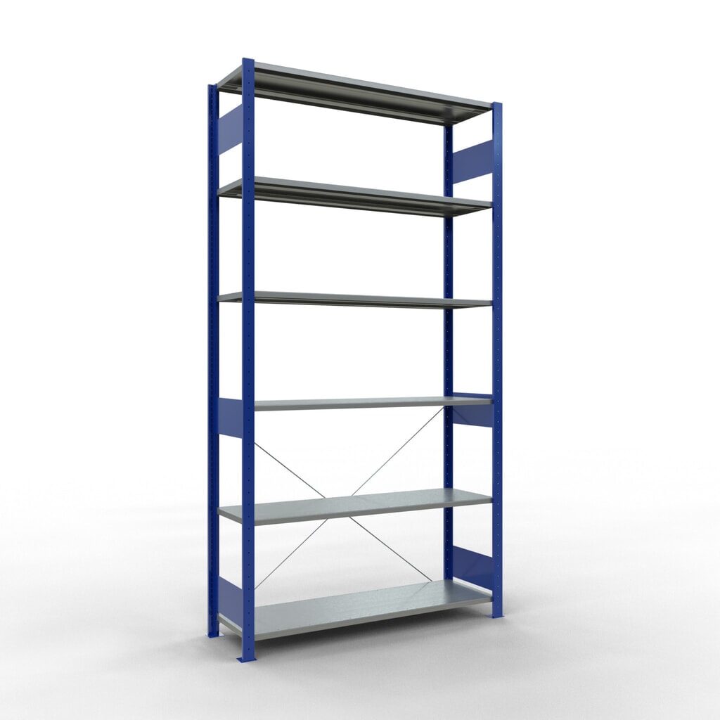 Policový regál SCHULTE, hořcová modř / pozink, nosnost police 150 kg, VxŠxH 2500 x 1 360 x 436 mm Obrázek produktu: Policový regál SCHULTE, hořcová modř / pozink, nosnost police 150 kg, VxŠxH 2500 x 1 360 x 436 mm
