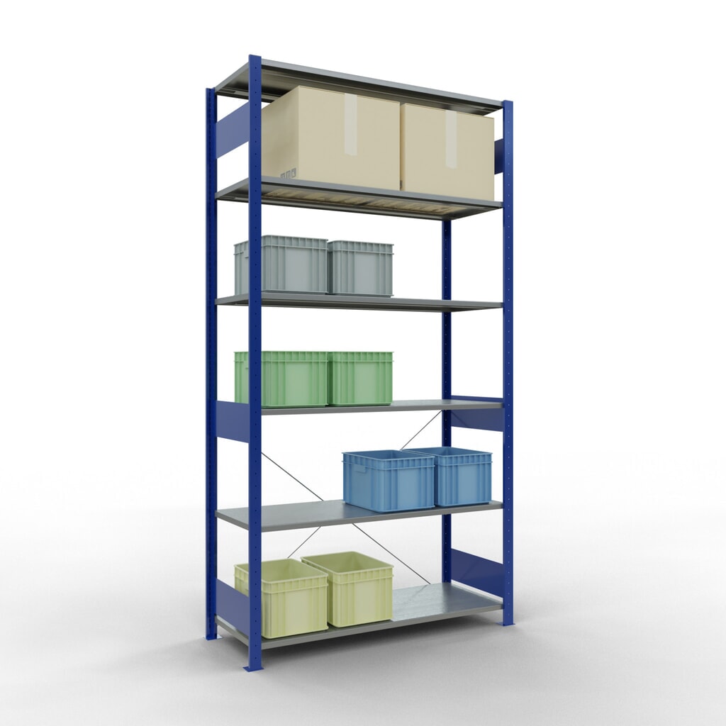 Policový regál SCHULTE, hořcová modř / pozink, nosnost police 150 kg, VxŠxH 2500 x 1 360 x 536 mm Číslo obrázku produktu 3: Policový regál SCHULTE, hořcová modř / pozink, nosnost police 150 kg, VxŠxH 2500 x 1 360 x 536 mm