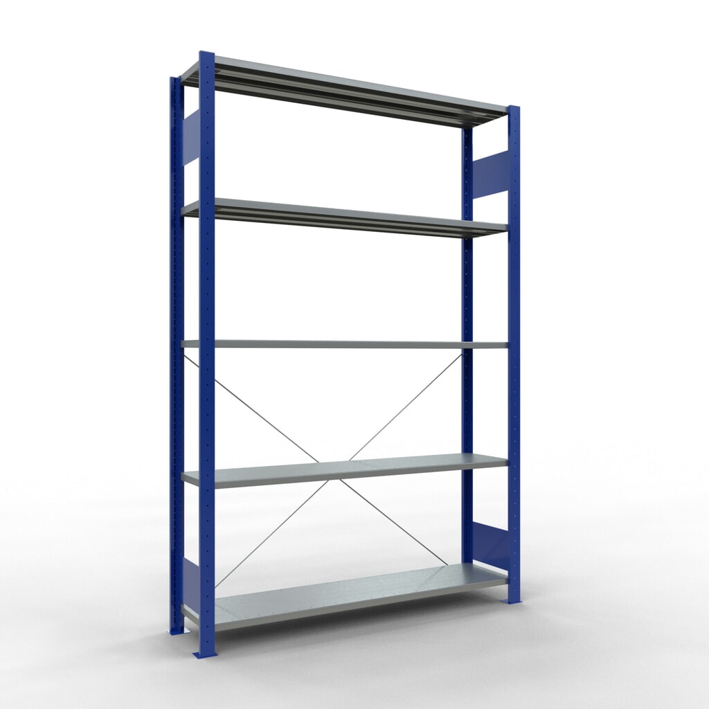 Policový regál SCHULTE, hořcová modř / pozink, 5 polic z ocelového plechu, nosnost police 150 kg, VxŠxH 2000 x 1 360 x 336 mm Obrázek produktu: Policový regál SCHULTE, hořcová modř / pozink, 5 polic z ocelového plechu, nosnost police 150 kg, VxŠxH 2000 x 1 360 x 336 mm
