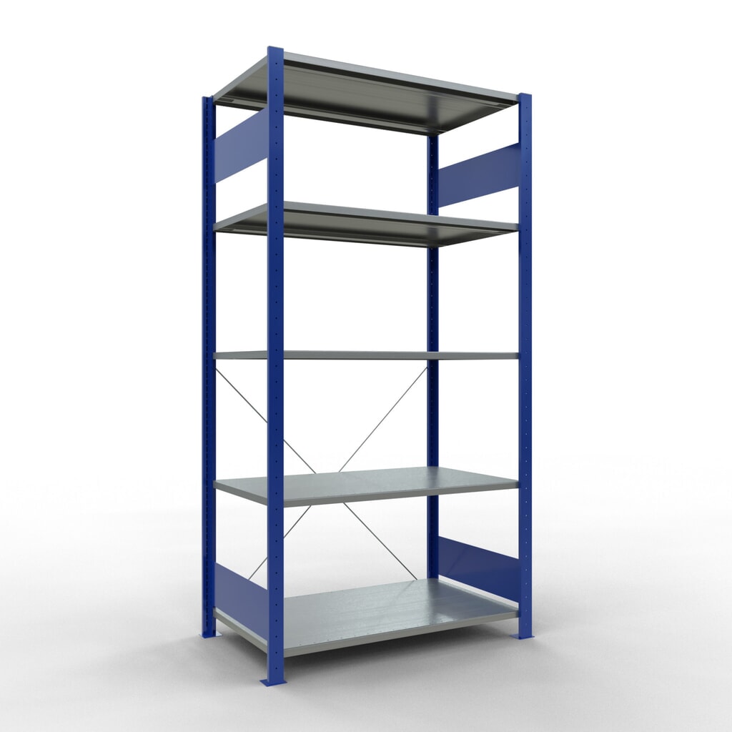 Obrázek produktu: Policový regál SCHULTE, hořcová modř / pozink, 5 polic z ocelového plechu, nosnost police 150 kg, VxŠxH 2000 x 1 060 x 636 mm