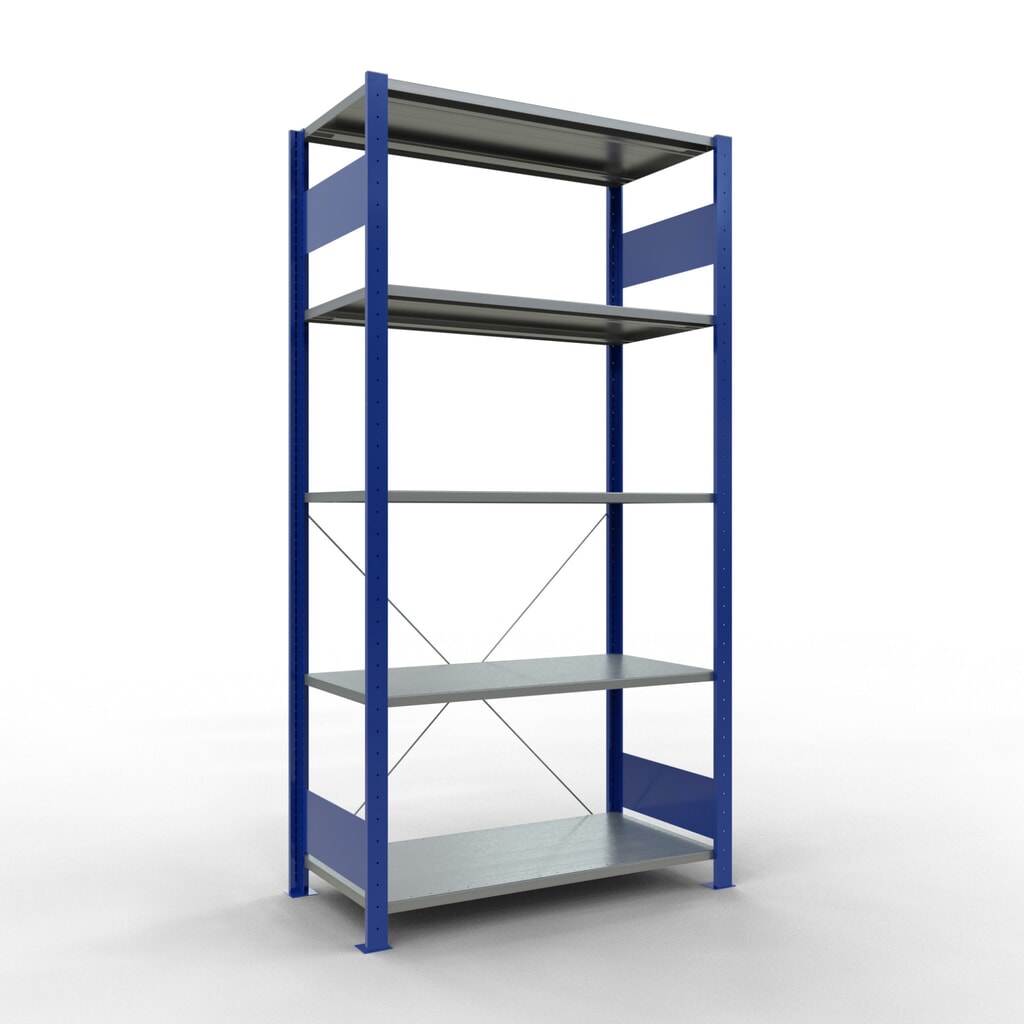 Policový regál SCHULTE, hořcová modř / pozink, 5 polic z ocelového plechu, nosnost police 150 kg, VxŠxH 2000 x 1 060 x 536 mm Obrázek produktu: Policový regál SCHULTE, hořcová modř / pozink, 5 polic z ocelového plechu, nosnost police 150 kg, VxŠxH 2000 x 1 060 x 536 mm