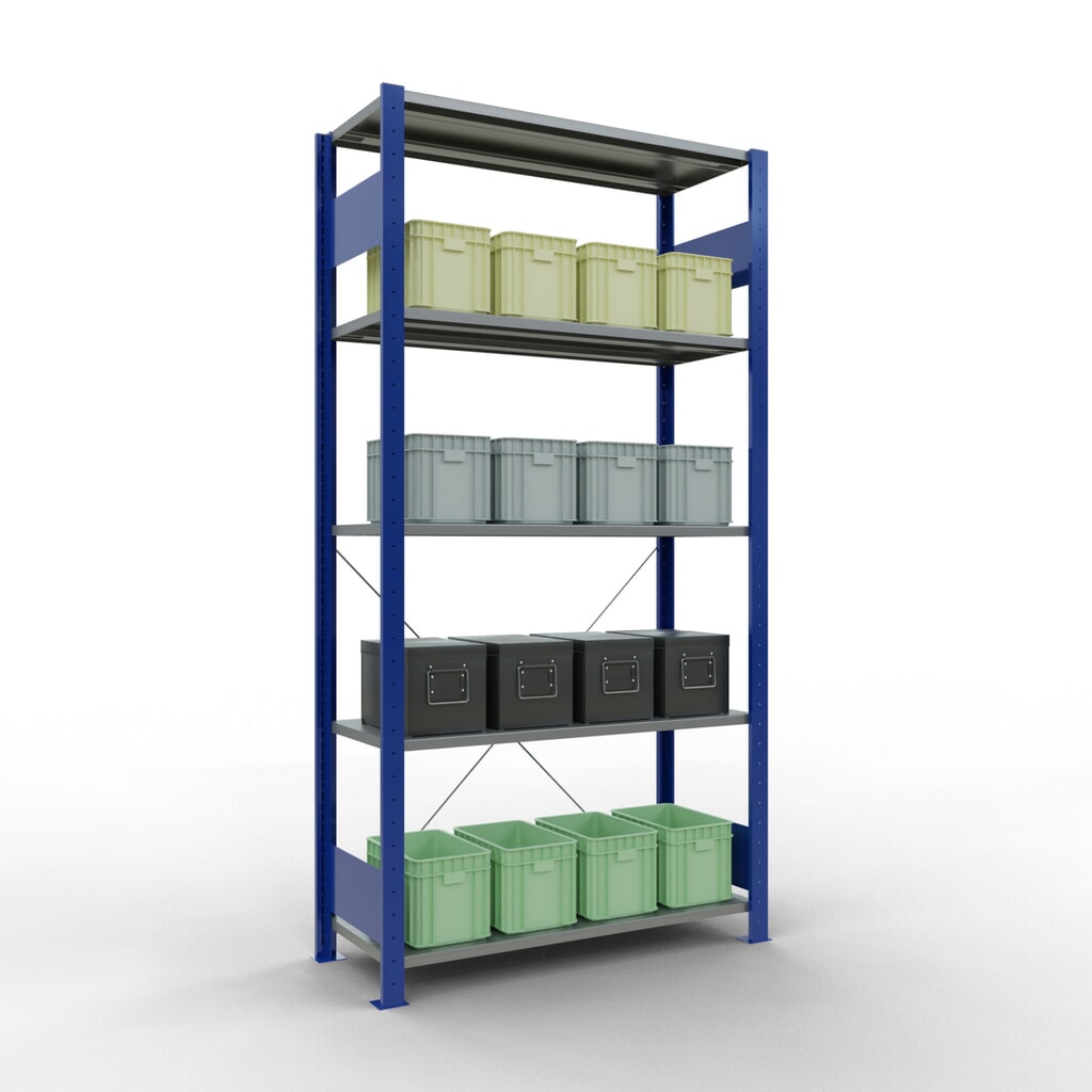 Policový regál SCHULTE, hořcová modř / pozink, 5 polic z ocelového plechu, nosnost police 150 kg, VxŠxH 2000 x 1 060 x 436 mm Číslo obrázku produktu 4: Policový regál SCHULTE, hořcová modř / pozink, 5 polic z ocelového plechu, nosnost police 150 kg, VxŠxH 2000 x 1 060 x 436 mm