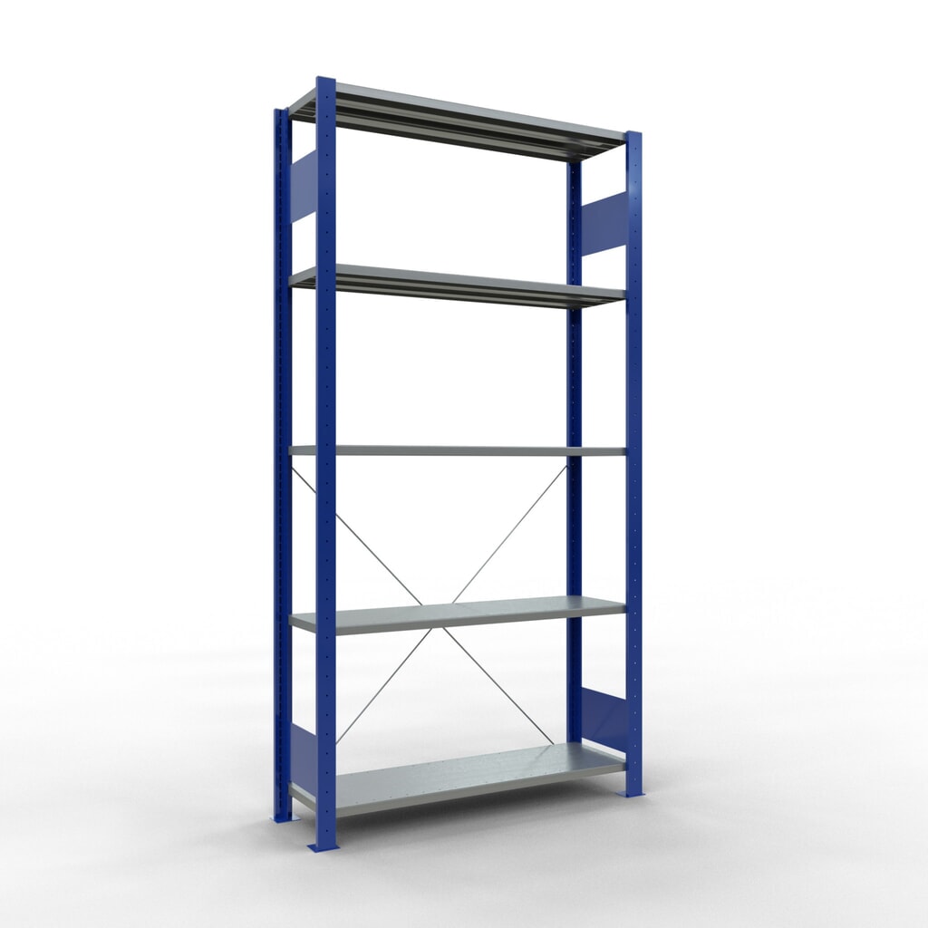 Obrázek produktu: Policový regál SCHULTE, hořcová modř / pozink, 5 polic z ocelového plechu, nosnost police 150 kg, VxŠxH 2000 x 1 060 x 336 mm