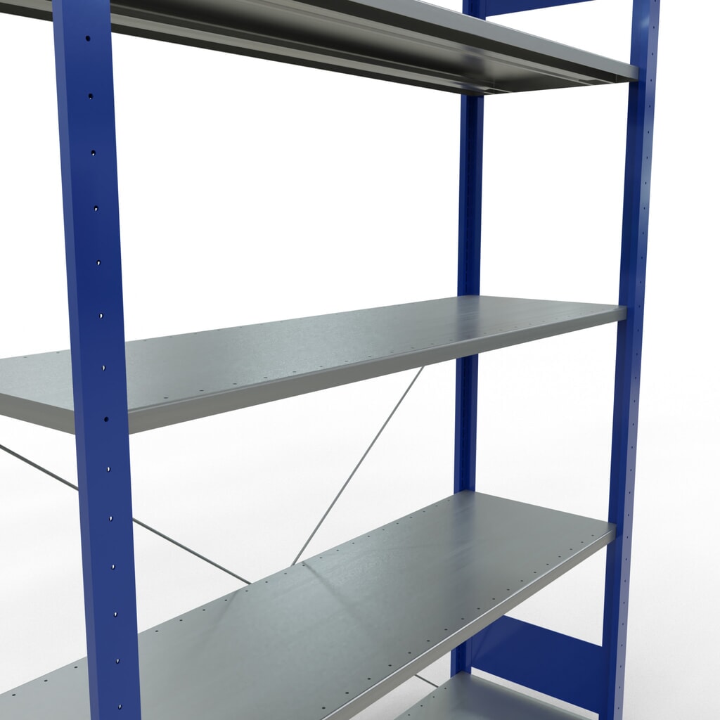 Policový regál SCHULTE, hořcová modř / pozink, 5 polic z ocelového plechu, nosnost police 150 kg, VxŠxH 2000 x 1 360 x 436 mm Číslo obrázku produktu 5: Policový regál SCHULTE, hořcová modř / pozink, 5 polic z ocelového plechu, nosnost police 150 kg, VxŠxH 2000 x 1 360 x 436 mm