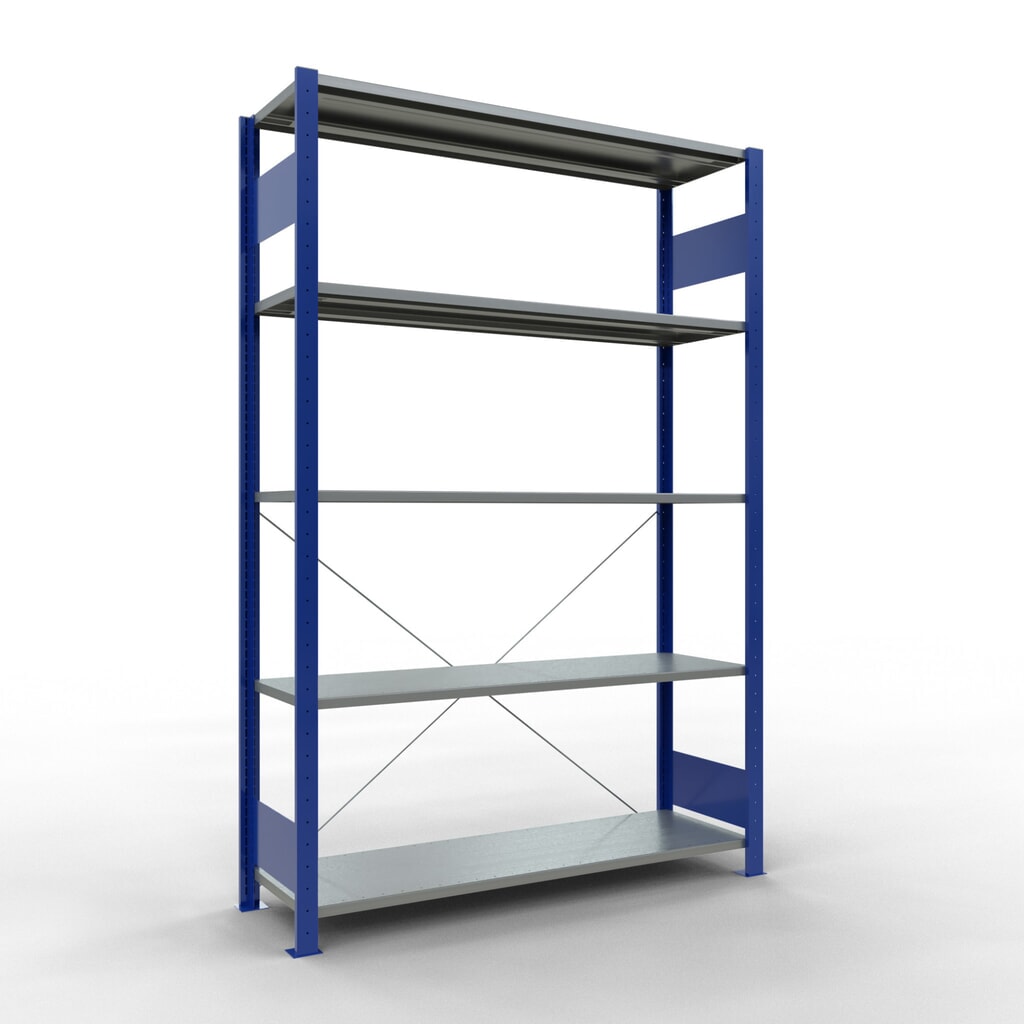 Obrázek produktu: Policový regál SCHULTE, hořcová modř / pozink, 5 polic z ocelového plechu, nosnost police 150 kg, VxŠxH 2000 x 1 360 x 436 mm