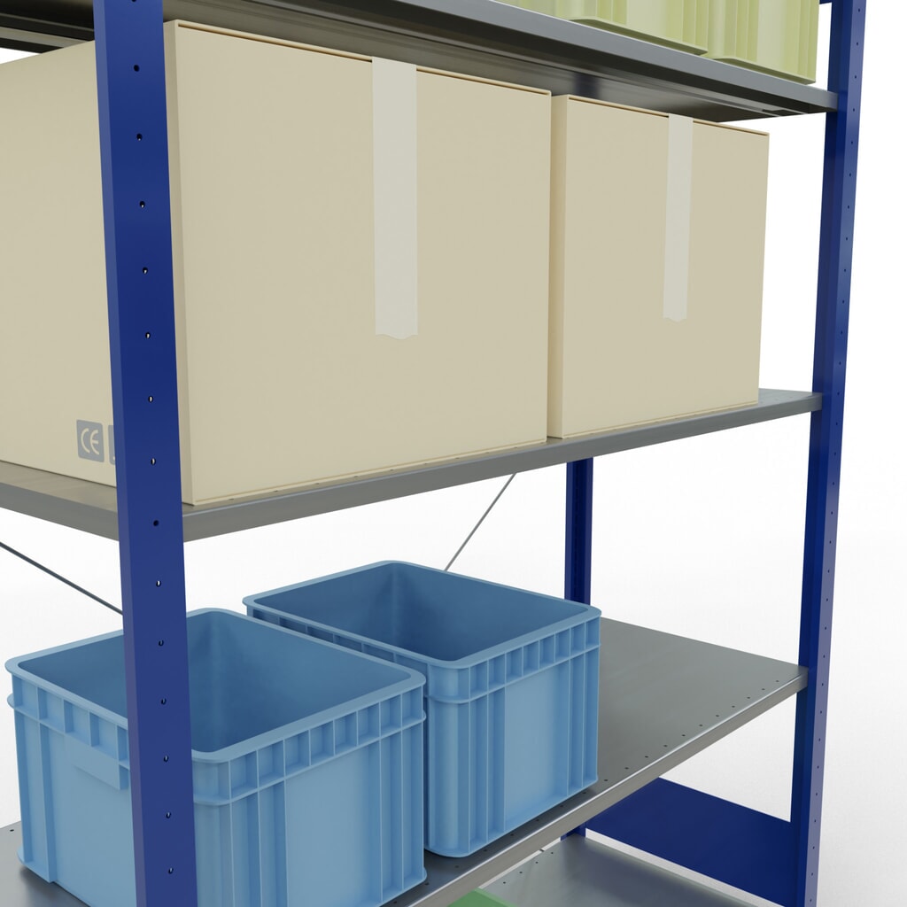 Policový regál SCHULTE, hořcová modř / pozink, 5 polic z ocelového plechu, nosnost police 150 kg, VxŠxH 2000 x 1 360 x 536 mm Číslo obrázku produktu 4: Policový regál SCHULTE, hořcová modř / pozink, 5 polic z ocelového plechu, nosnost police 150 kg, VxŠxH 2000 x 1 360 x 536 mm