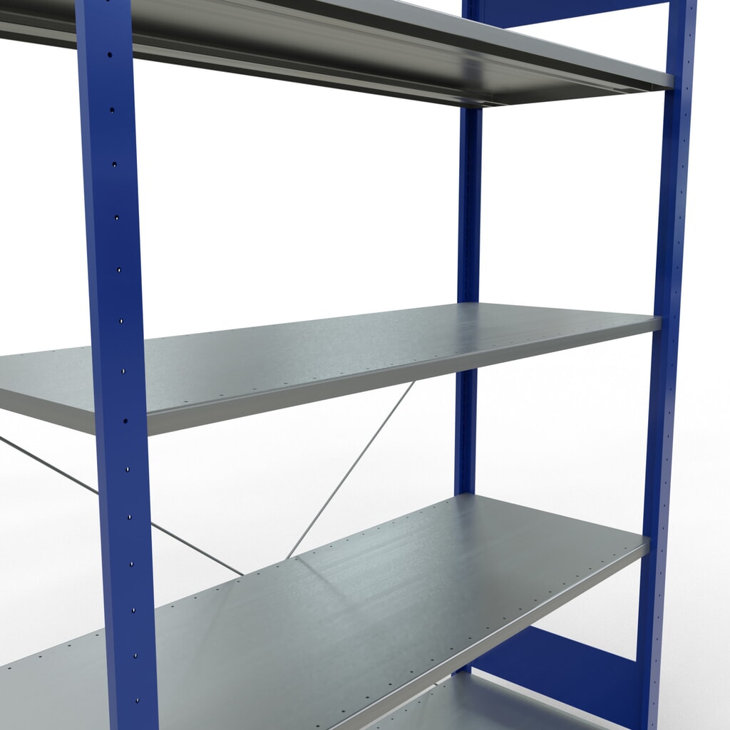 Policový regál SCHULTE, hořcová modř / pozink, 5 polic z ocelového plechu, nosnost police 150 kg, VxŠxH 2000 x 1 360 x 536 mm Číslo obrázku produktu 5: Policový regál SCHULTE, hořcová modř / pozink, 5 polic z ocelového plechu, nosnost police 150 kg, VxŠxH 2000 x 1 360 x 536 mm