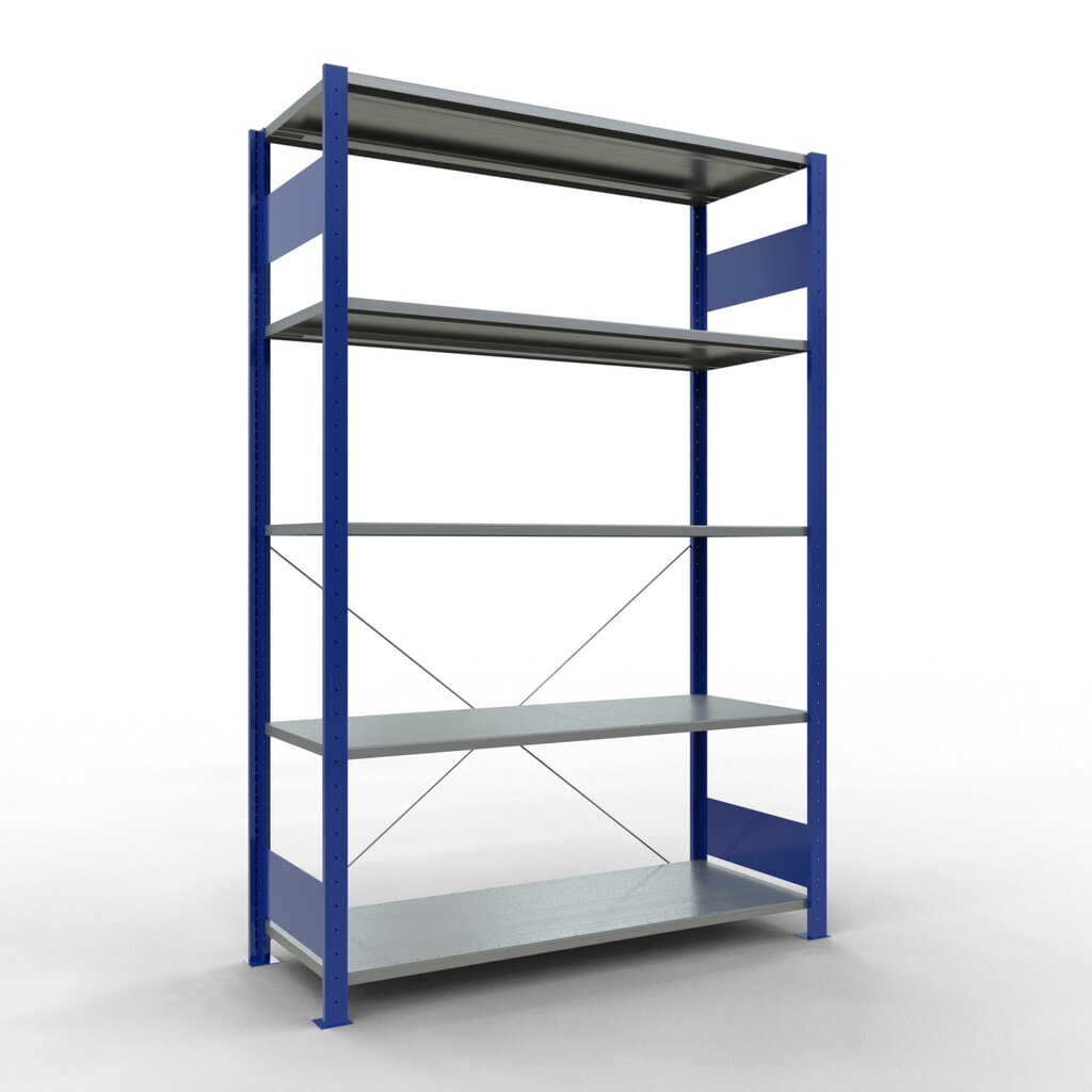Policový regál SCHULTE, hořcová modř / pozink, 5 polic z ocelového plechu, nosnost police 150 kg, VxŠxH 2000 x 1 360 x 536 mm Obrázek produktu: Policový regál SCHULTE, hořcová modř / pozink, 5 polic z ocelového plechu, nosnost police 150 kg, VxŠxH 2000 x 1 360 x 536 mm