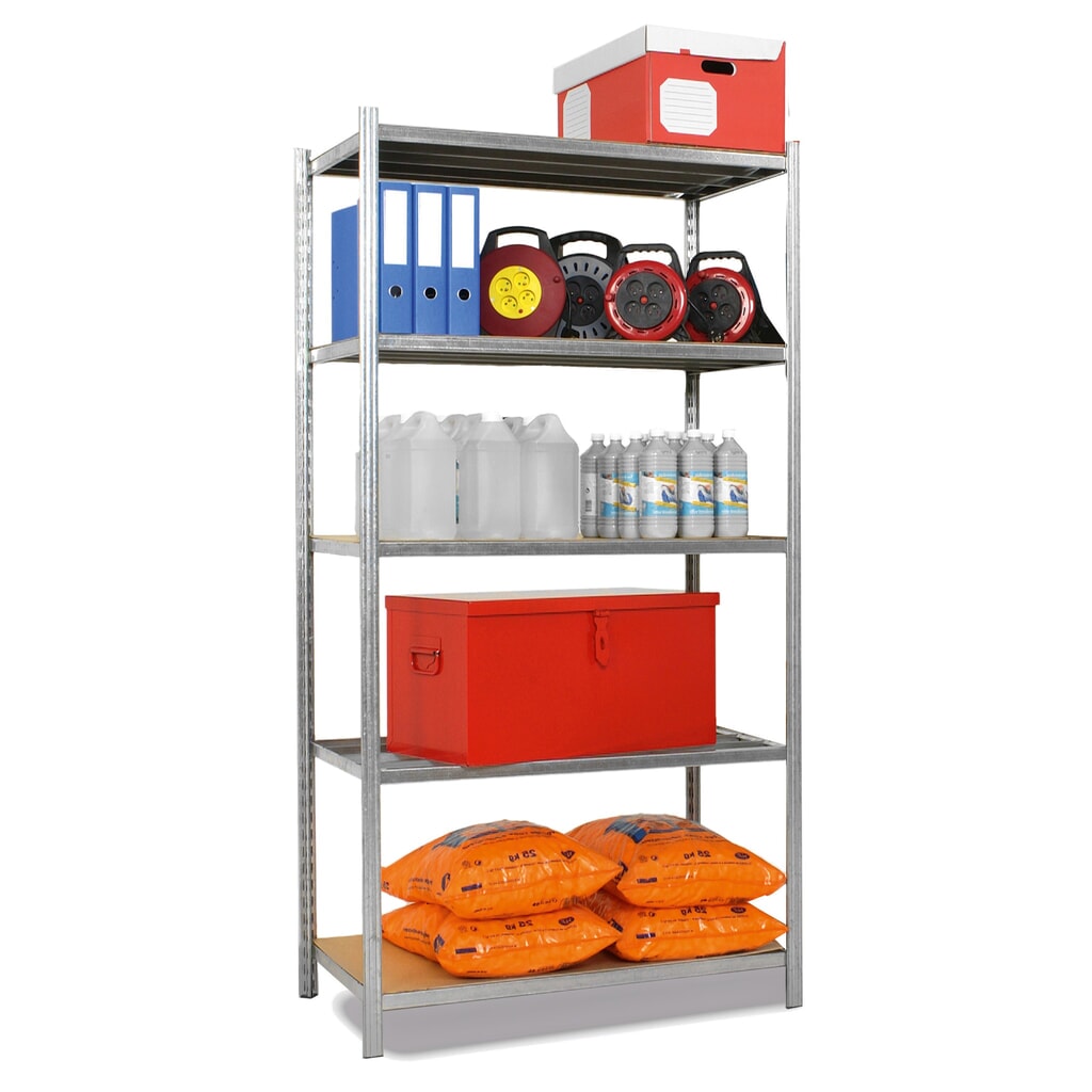 Policový regál ManOrga, pozink, 5 polic z dřevotřískových desek, nosnost police 235 kg, VxŠxH 2000 x 1040 x 620 mm Obrázek produktu: Policový regál ManOrga, pozink, 5 polic z dřevotřískových desek, nosnost police 235 kg, VxŠxH 2000 x 1040 x 620 mm
