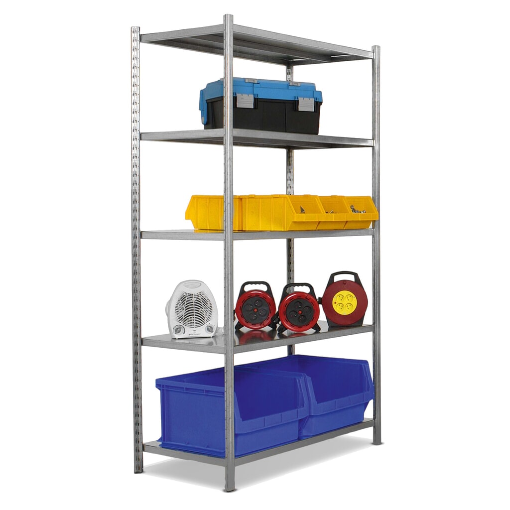 Policový regál ManOrga, pozink, 5 polic z dřevotřískových desek, nosnost police 216 kg, VxŠxH 2000 x 1290 x 620 mm Obrázek produktu: Policový regál ManOrga, pozink, 5 polic z dřevotřískových desek, nosnost police 216 kg, VxŠxH 2000 x 1290 x 620 mm