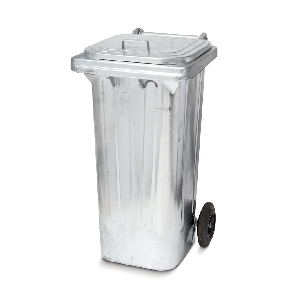 Popelnice z pozinkované oceli, 120 litrů, s kolečky Obrázek produktu: Popelnice z pozinkované oceli, 120 litrů, s kolečky