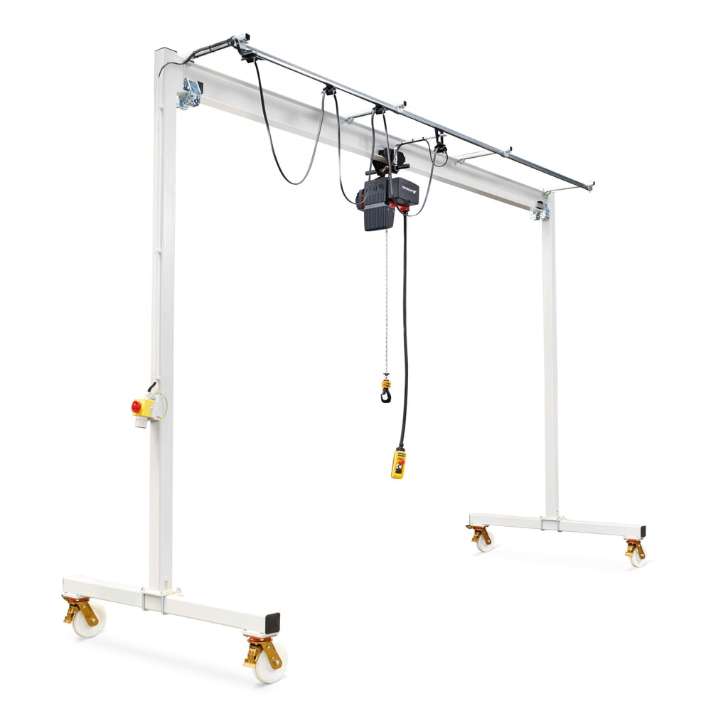Portálový jeřáb VETTER® včetně elektrického kladkostroje LIFTKET s ručním pojezdem, mobilní, světlá šířka 3 m, nosnost 250 kg Obrázek produktu: Portálový jeřáb VETTER® včetně elektrického kladkostroje LIFTKET s ručním pojezdem, mobilní, světlá šířka 3 m, nosnost 250 kg