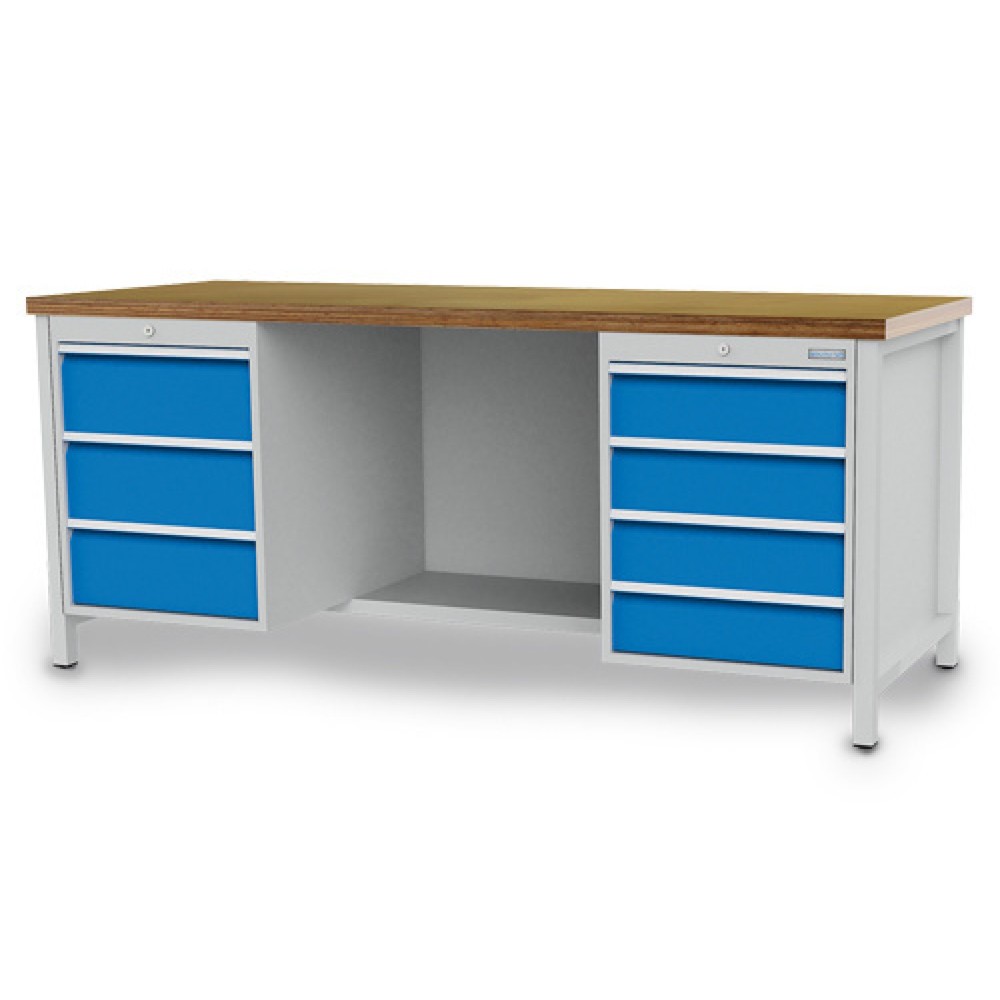Obrázek produktu: Pracovní stůl Bedrunka+Hirth R 18-24, VxŠxH 859 x 2000 x 750 mm, světle šedá, světle modrá, 7 ks zásuvka 4x150 + 3x200 mm
