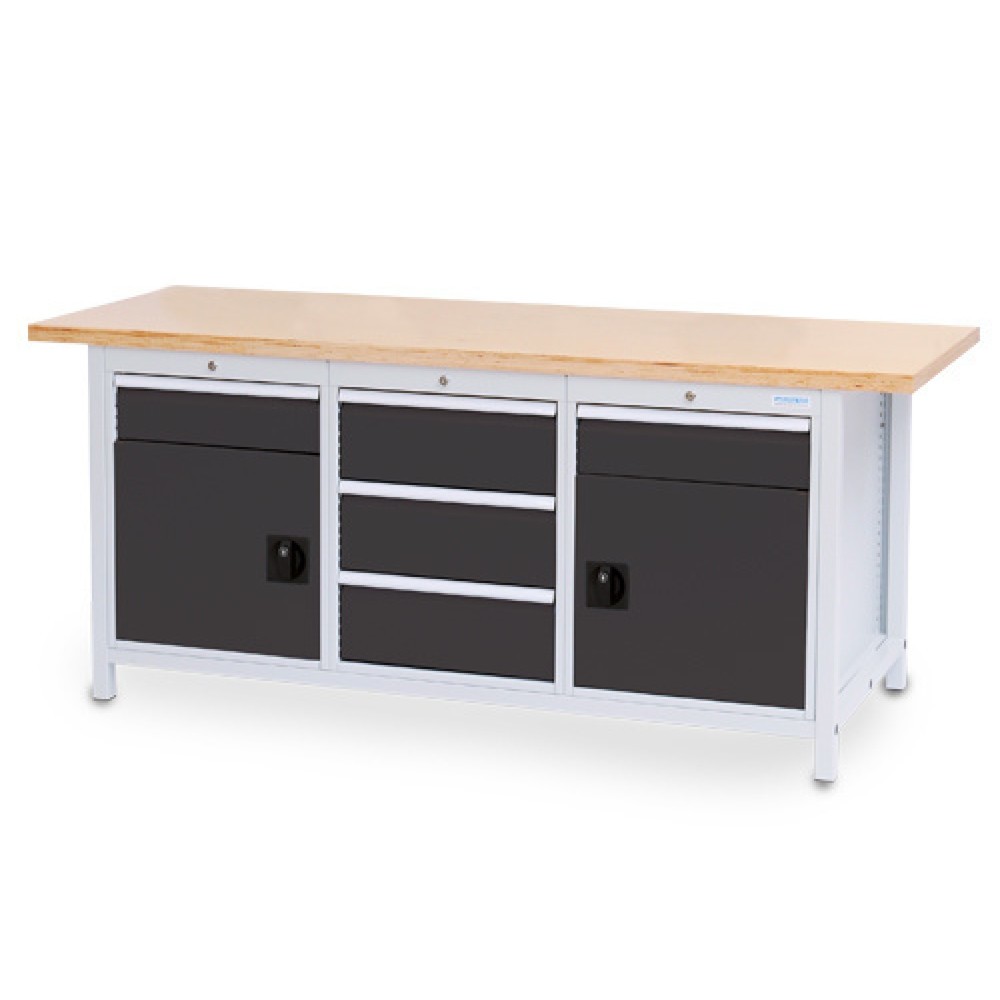 Číslo obrázku produktu 1: Pracovní stůl Bedrunka+Hirth R 18-24, VxŠxH 859 x 2000 x 750 mm, světle šedá, antracitová šedá, 5 ks zásuvka 2x150 + 3x200 mm, 2 křídlové dveře 2x450 mm