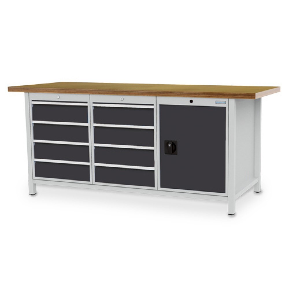 Obrázek produktu: Pracovní stůl Bedrunka+Hirth R 18-24, VxŠxH 859 x 2000 x 750 mm, světle šedá, antracitová šedá, 8 ks zásuvka 8x150 mm, 1 křídlové dveře 1x600 mm