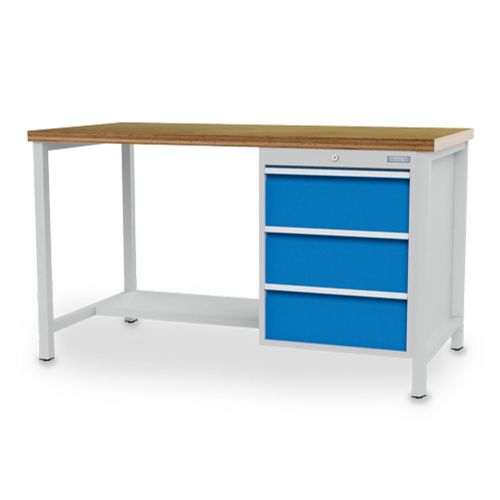 Obrázek produktu: Dílenský stůl se skříňkou Bedrunka+Hirth R 18-24, VxŠxH 959 x 1500 x 750 mm, světle šedá, světle modrá, 3 ks zásuvka 3x200 mm