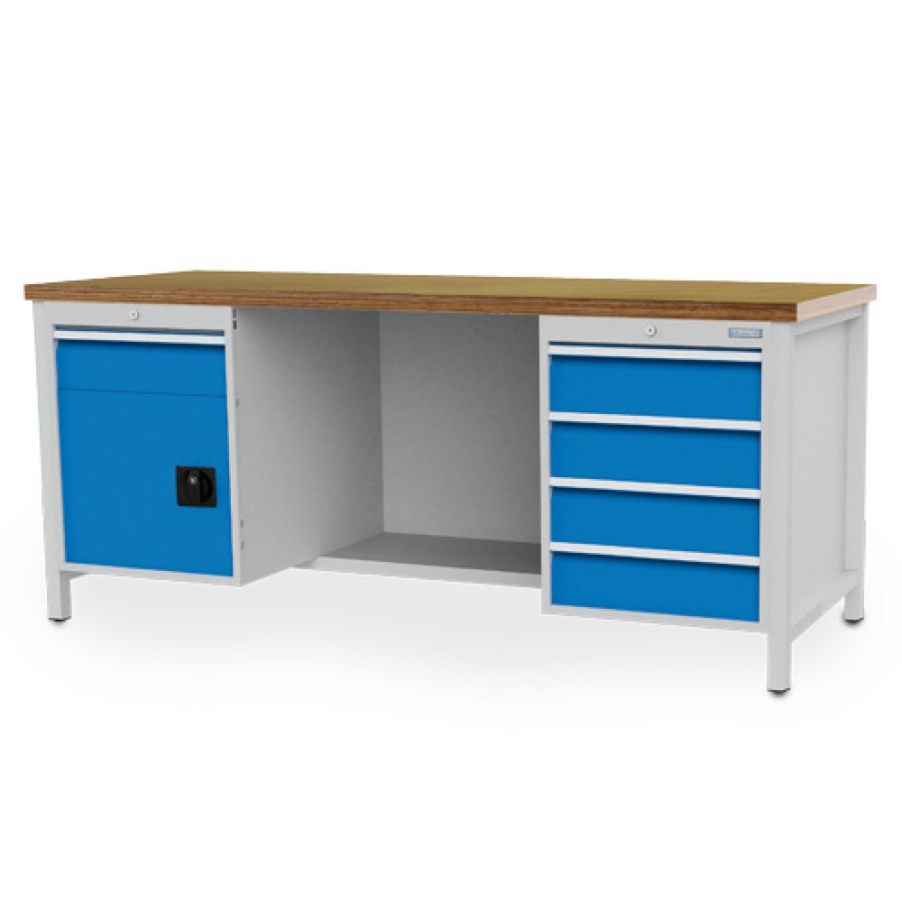 Obrázek produktu: Pracovní stůl Bedrunka+Hirth R 18-24, VxŠxH 859 x 2000 x 750 mm, světle šedá, světle modrá, 5 ks zásuvka 5x150 mm, 1 křídlové dveře 1x450 mm