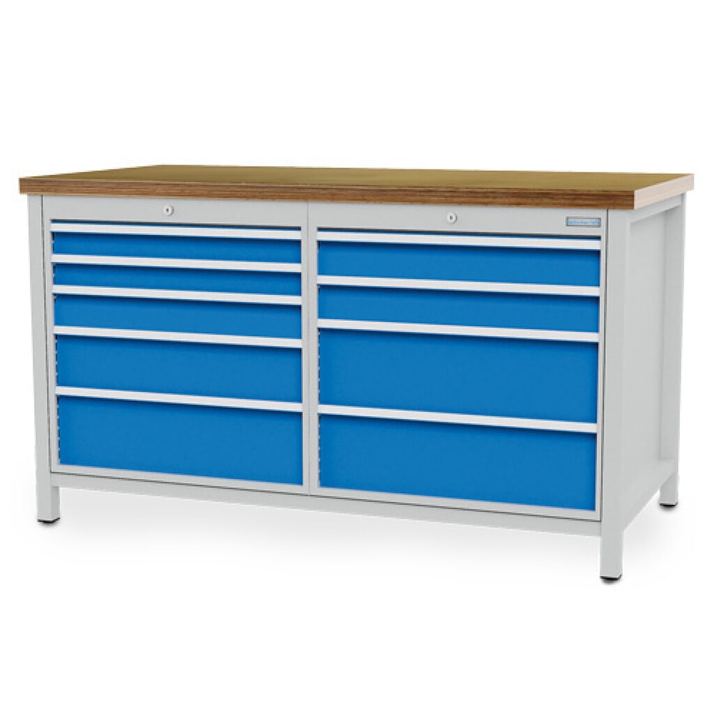 Číslo obrázku produktu 1: Pracovní stůl Bedrunka+Hirth R 24-24, VxŠxH 959 x 1500 x 750 mm, světle šedá, světle modrá, 9 ks zásuvka 2x75 + 3x100 + 1x150 + 3x200 mm