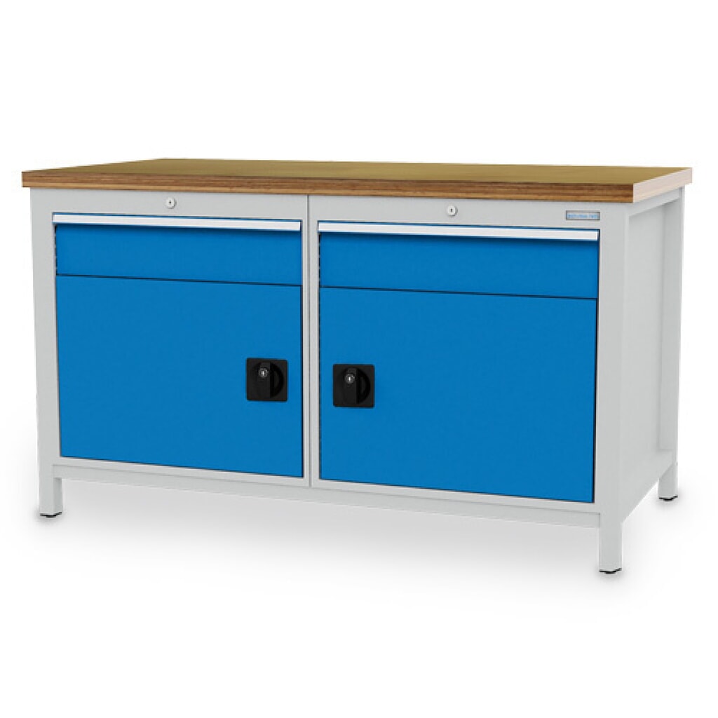 Číslo obrázku produktu 1: Pracovní stůl Bedrunka+Hirth R 24-24, VxŠxH 859 x 1500 x 750 mm, světle šedá, světle modrá, 2 ks zásuvka 2x150 mm, 2 křídlové dveře 2x450 mm
