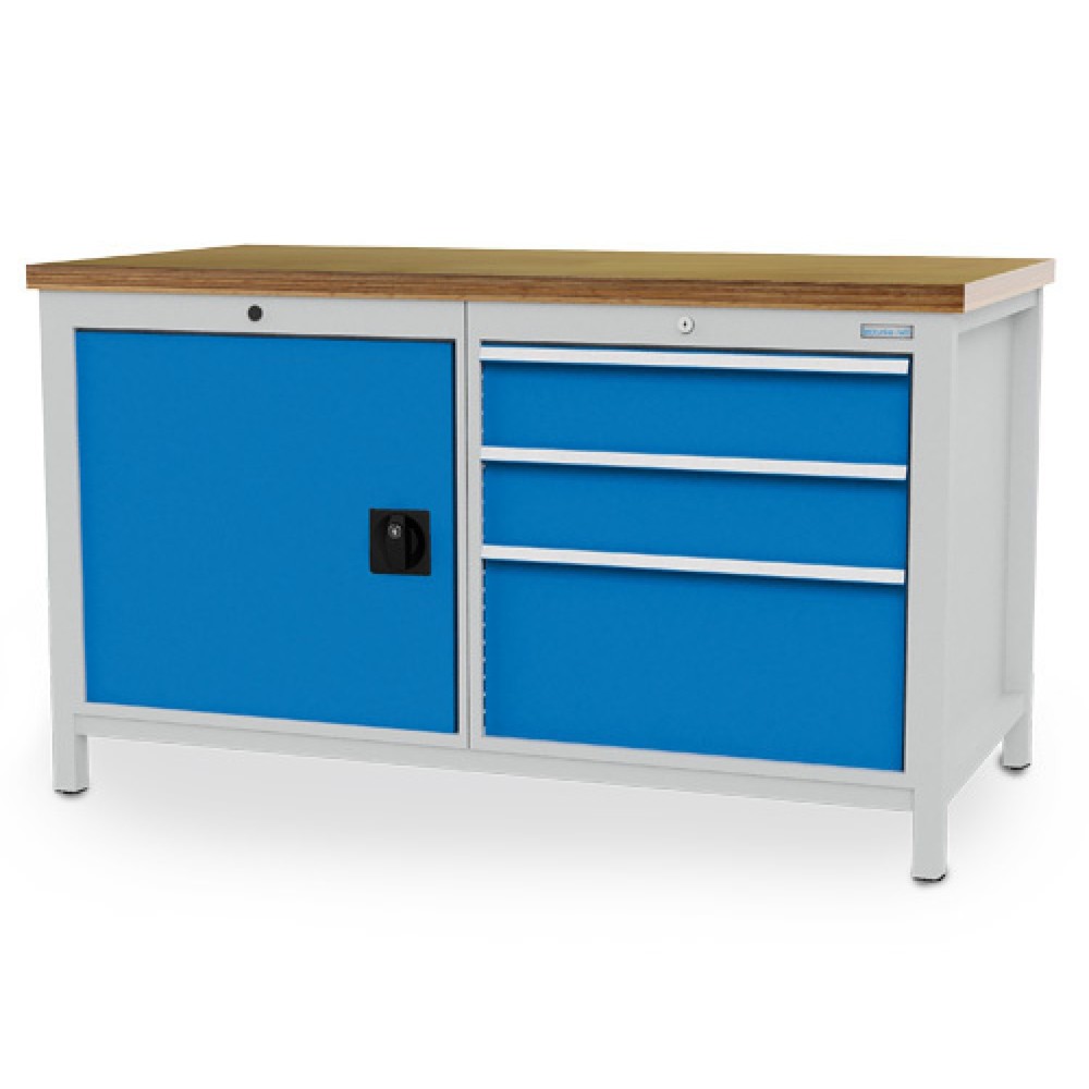Obrázek produktu: Pracovní stůl Bedrunka+Hirth R 24-24, VxŠxH 959 x 1500 x 750 mm, světle šedá, světle modrá, 3 ks zásuvka 2x150 mm + 1x300 mm, 1 křídlové dveře 1x600 mm