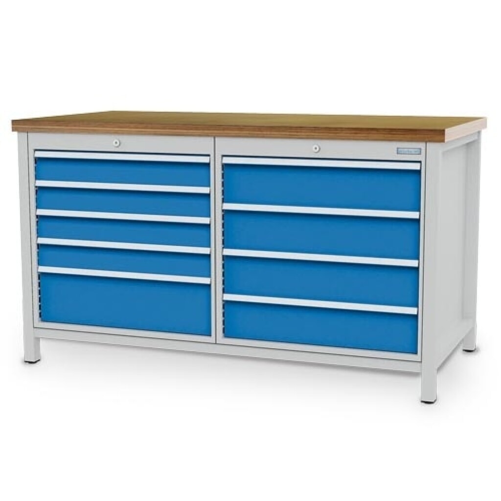 Číslo obrázku produktu 1: Pracovní stůl Bedrunka+Hirth R 24-24, VxŠxH 859 x 1500 x 750 mm, světle šedá, světle modrá, 9 ks zásuvka 4x100 + 4x150 + 1x200 mm