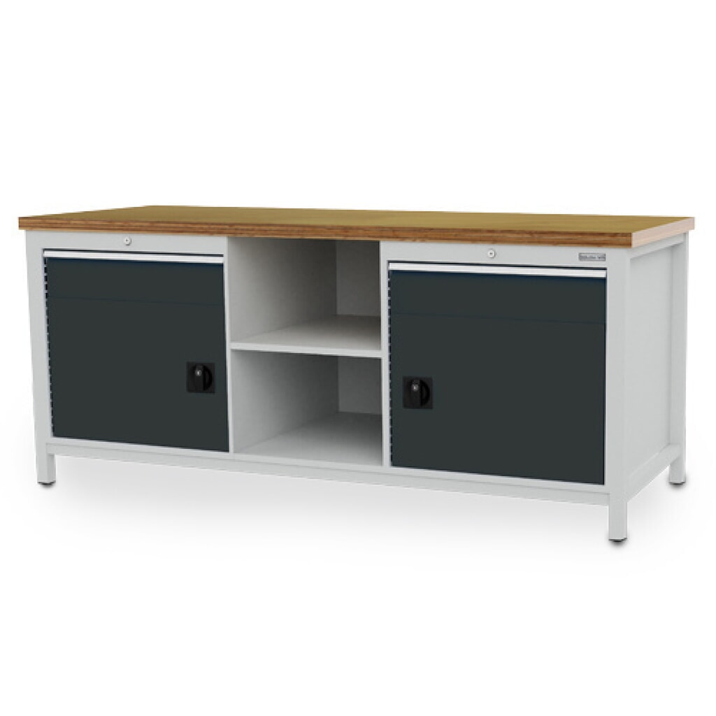 Pracovní stůl Bedrunka+Hirth R 24-24, VxŠxH 859 x 2000 x 750 mm, světle šedá, antracitová šedá, 2 ks zásuvka 2x150 mm, 2 křídlové dveře 2x450 mm Obrázek produktu: Pracovní stůl Bedrunka+Hirth R 24-24, VxŠxH 859 x 2000 x 750 mm, světle šedá, antracitová šedá, 2 ks zásuvka 2x150 mm, 2 křídlové dveře 2x450 mm
