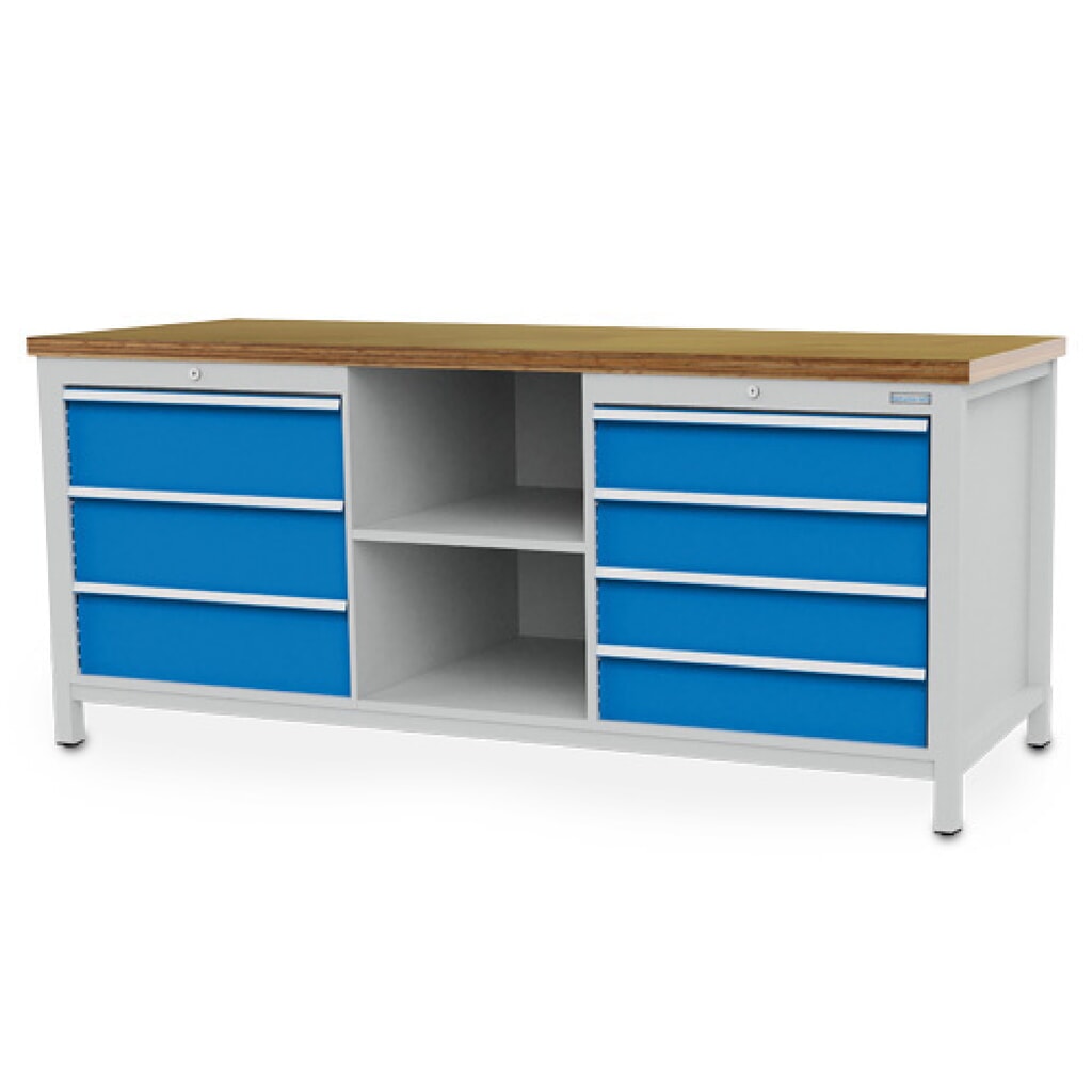 Obrázek produktu: Pracovní stůl Bedrunka+Hirth R 24-24, VxŠxH 959 x 2000 x 750 mm, světle šedá, světle modrá, 7 ks zásuvka 4x150 + 3x200 mm
