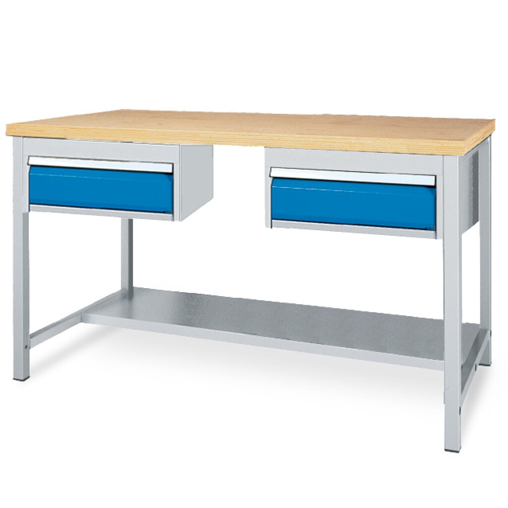 Obrázek produktu: Dílenský stůl Bedrunka+Hirth s odkládací plochou + 2 zásuvky, nosnost 200 kg, VxŠxH 859 x 1500 x 750 mm